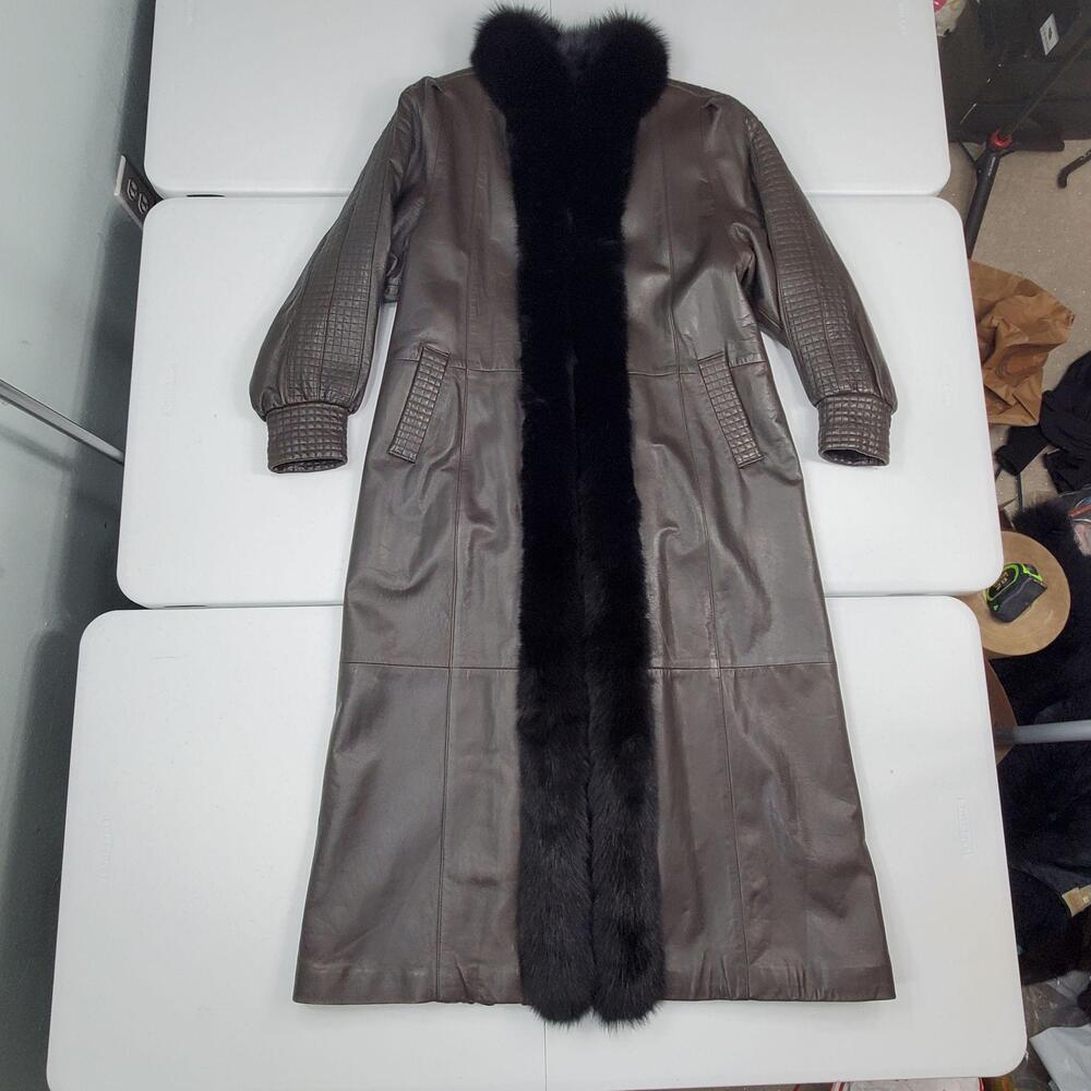 Vintage Fox Fur Trim Leather Coat S Brown Long Quilted Maxi Overcoat